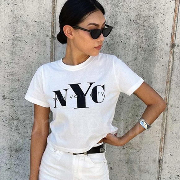 Rouge! Tops - Cotton NYC Graphic Print White Crop Tee Shirt